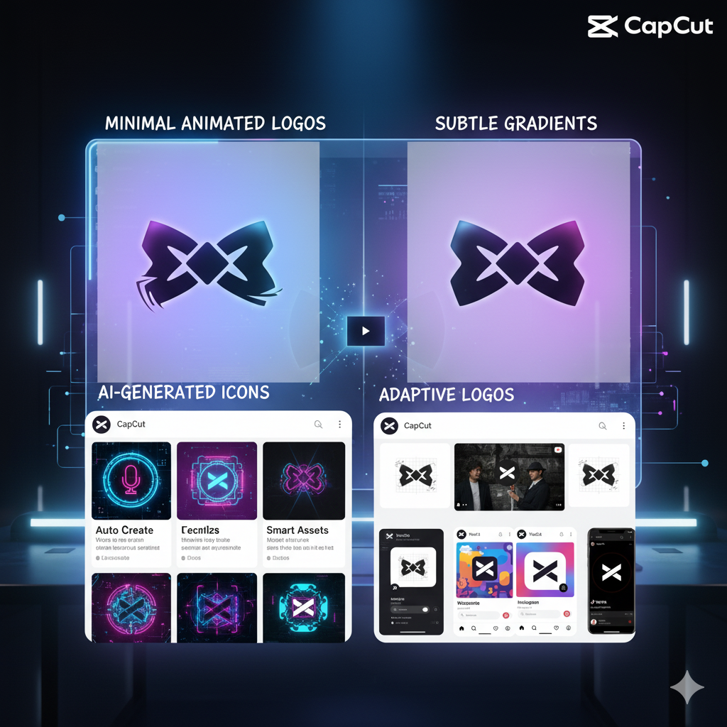minimal animated logos, subtle gradients, AI-generated icons A futuristic trend board: minimal animated logos, subtle gradients, AI-generated icons, and adaptive logos across different platforms.