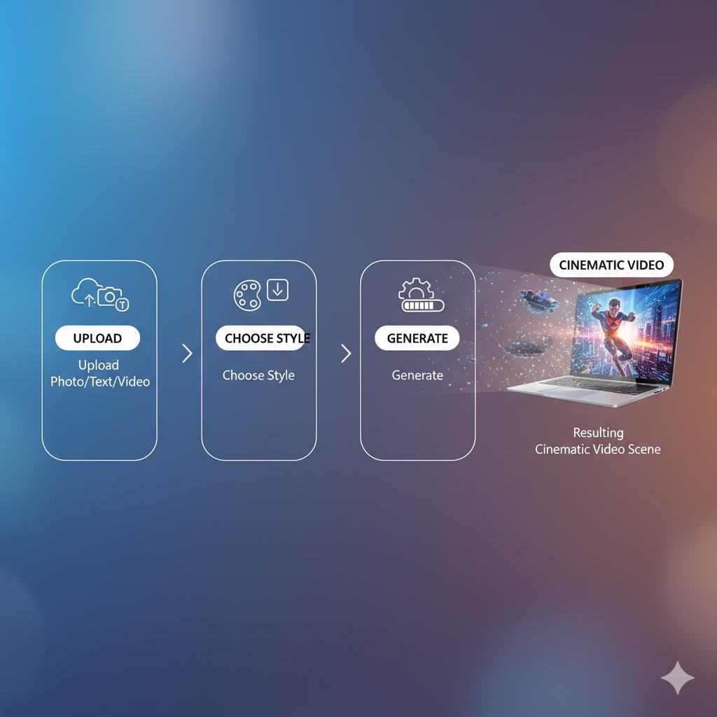 step-by-step infographic-style design A step-by-step infographic-style design: upload photo/text/video → choose style → generate → resulting cinematic video scene glowing on a laptop screen.