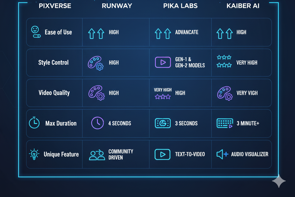 omparison chart illustration featuring PixVerse, Runway, Pika Labs, and Kaiber AI A comparison chart illustration featuring PixVerse, Runway, Pika Labs, and Kaiber AI logos, with stylized icons showing their strengths and differences.
