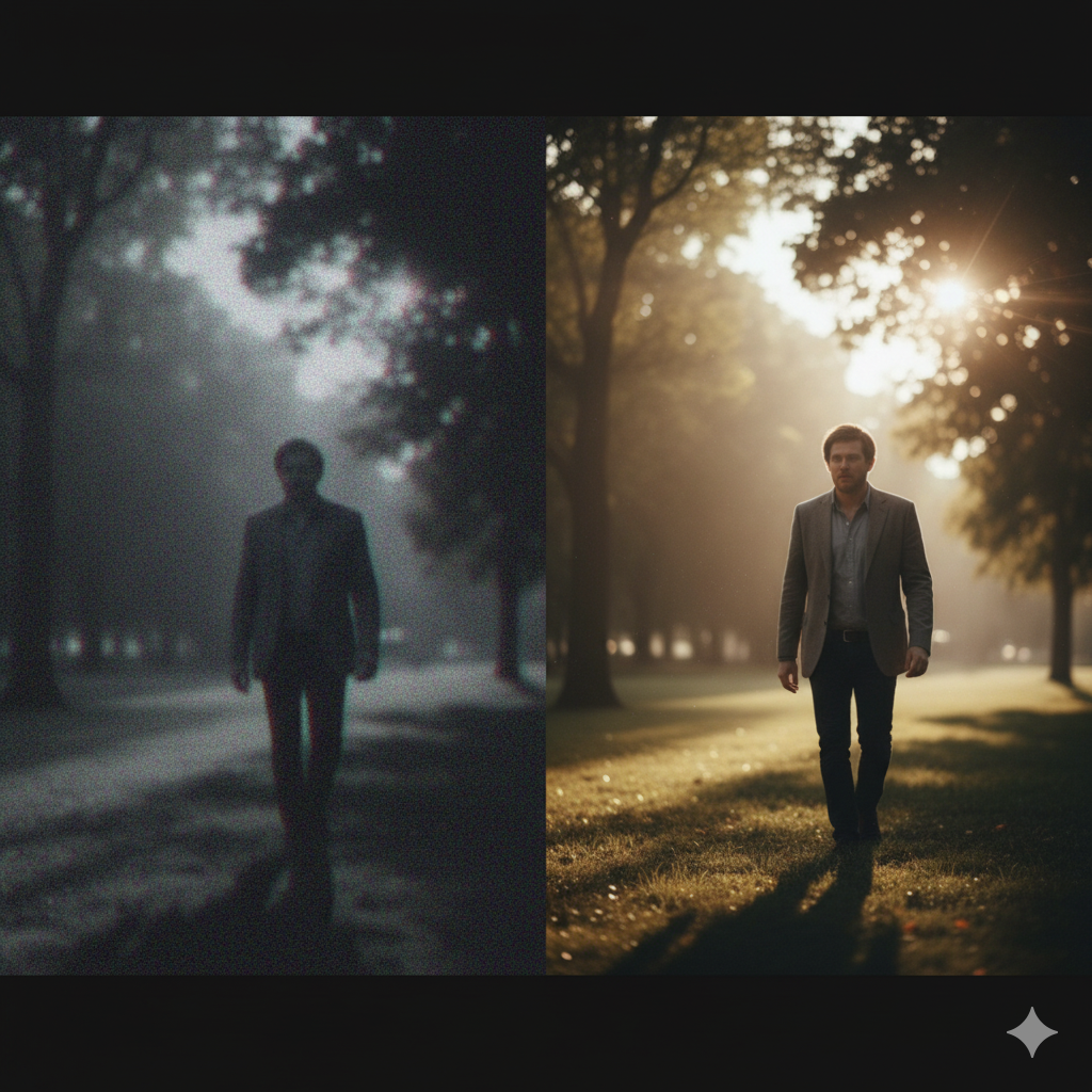 one half shows blurry, low-quality “potato” video, and the other half shows a crisp A cinematic split screen: one half shows blurry, low-quality “potato” video, and the other half shows a crisp, high-quality AI-generated video with professional lighting and visuals.