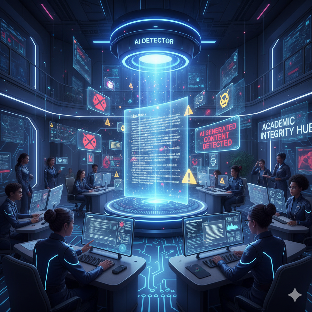 giant digital “AI detector scanner” A giant digital “AI detector scanner” spotlighting an essay, with holographic warning icons around, students and professionals looking at screens, futuristic academic vibe