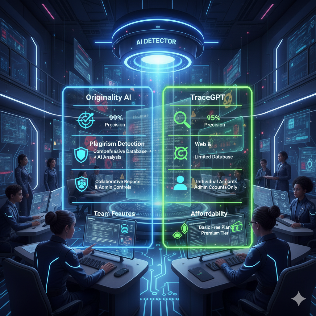 Infographic-style comparison board with two columns nfographic-style comparison board with two columns: "Originality AI" vs "TraceGPT", icons for accuracy, plagiarism, team features, affordability, clean professional dashboard style