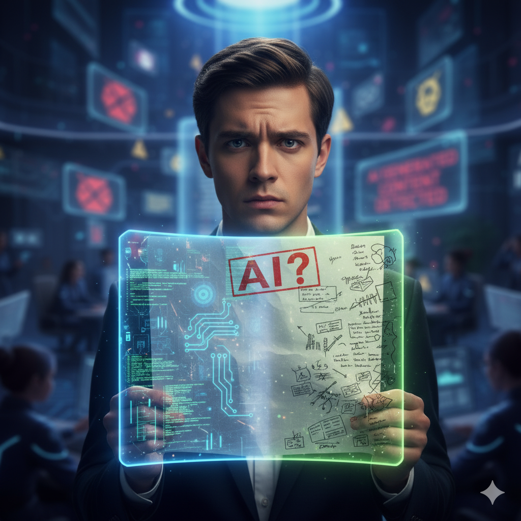 Confused writer holding paper flagged “AI?” Confused writer holding paper flagged “AI?”, holographic split showing AI-like patterns on one side and human scribbles on the other, blurred gray zone in middle