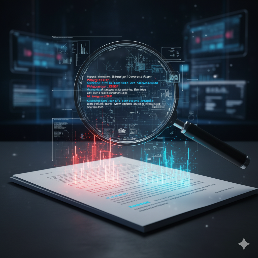 Document under forensic magnifying glass Document under forensic magnifying glass, text fragments glowing in red for plagiarism and blue for AI generation, futuristic scanning overlay