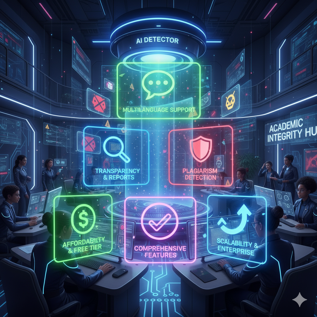 Checklist infographic with glowing icons Checklist infographic with glowing icons: multilanguage, transparency, plagiarism detection, affordability, scalability, balanced futuristic UI design