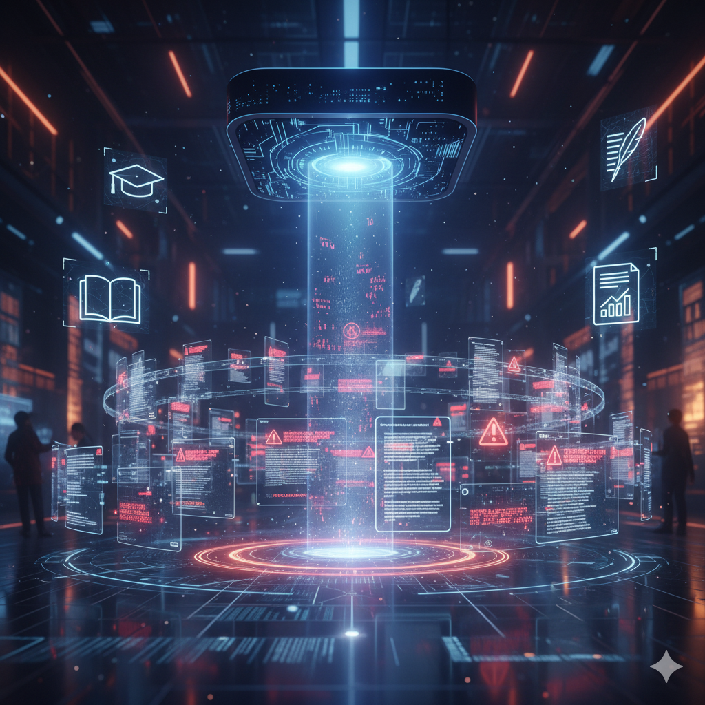 Digital library scene with floating documents Digital library scene with floating documents under a scanner beam, glowing plagiarism alerts, icons of education, business, and publishing around the scene, futuristic academic integrity vibe