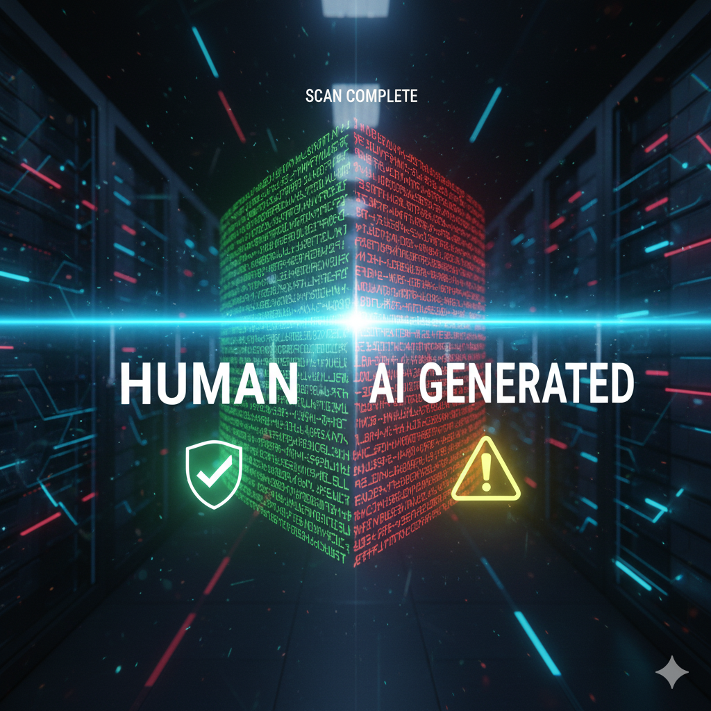 Futuristic AI scanner beam analyzing text Futuristic AI scanner beam analyzing text, split result showing “Human” on one side and “AI Generated” on the other, with warning icons glowing, cyber-detection theme