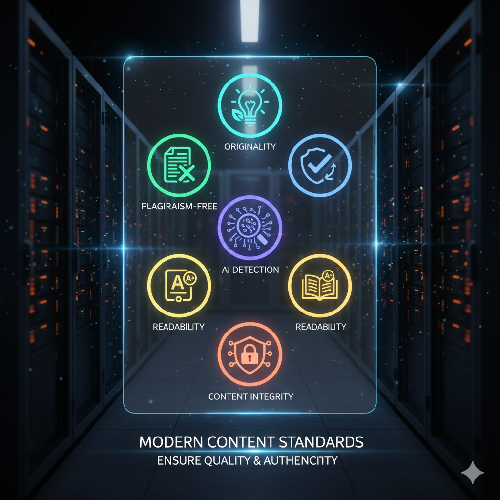 Checklist infographic glowing with icons for originality Checklist infographic glowing with icons for originality, plagiarism-free, AI detection, readability, and content integrity, modern editorial styl