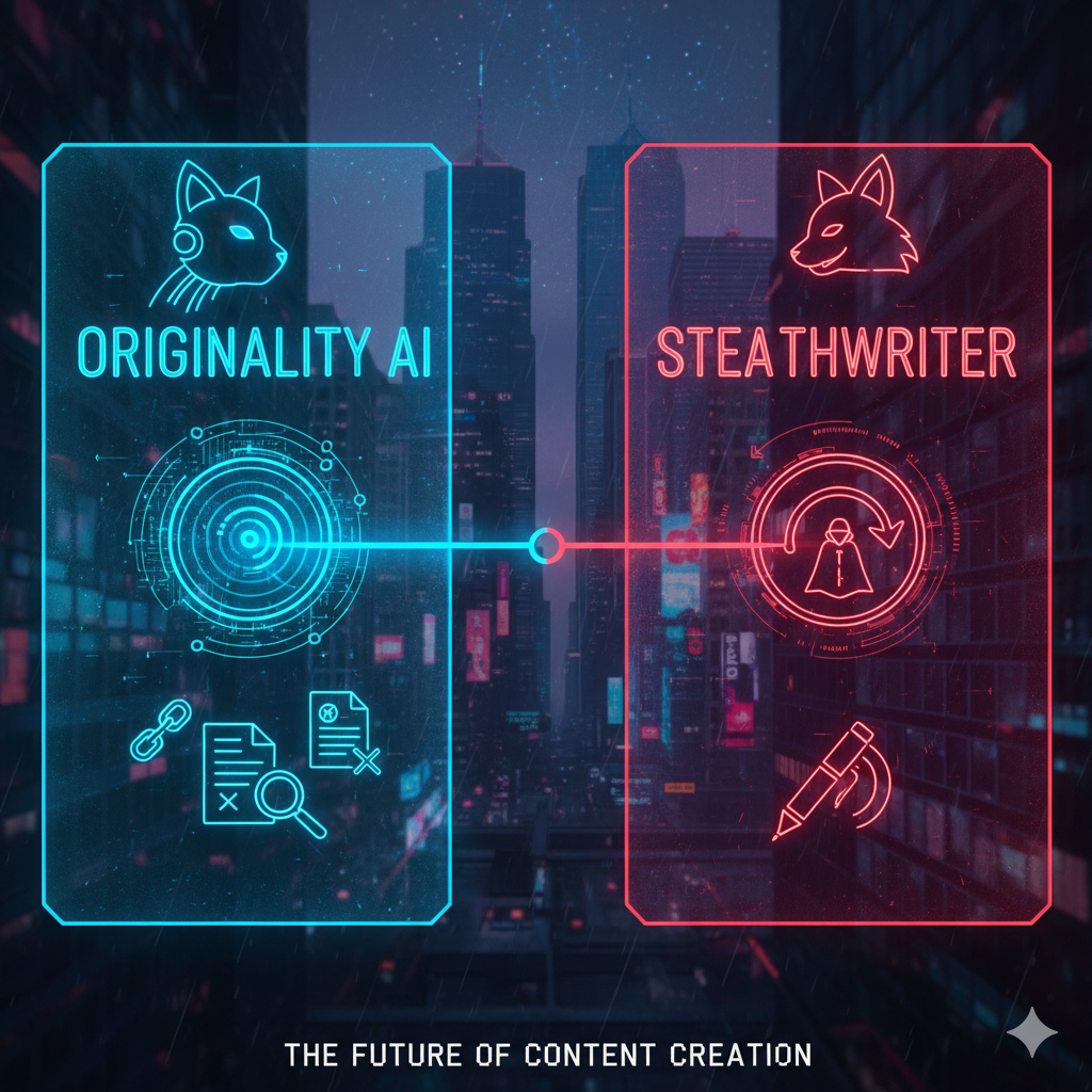 Split-screen futuristic editorial graphi Split-screen futuristic editorial graphic: left side “Originality AI” glowing blue with detection radar + plagiarism icons, right side “StealthWriter” glowing red with rewrite + cloak icons, cat-and-mouse theme, neon cyberpunk balance