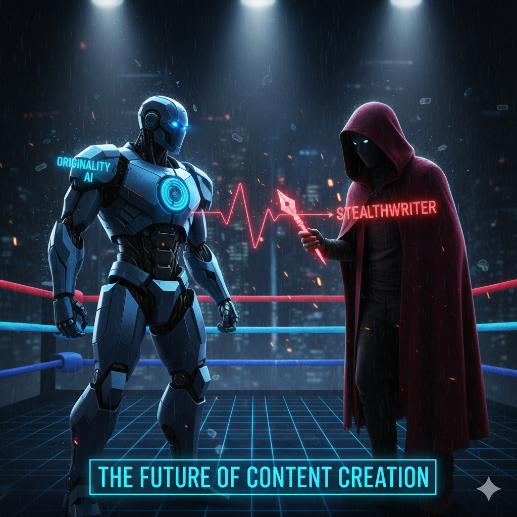 Digital boxing ring with two corners: Digital boxing ring with two corners: “Originality AI” as a glowing blue robot with radar, “StealthWriter” as a sneaky red cloaked figure with rewrite quill, dramatic face-off energy