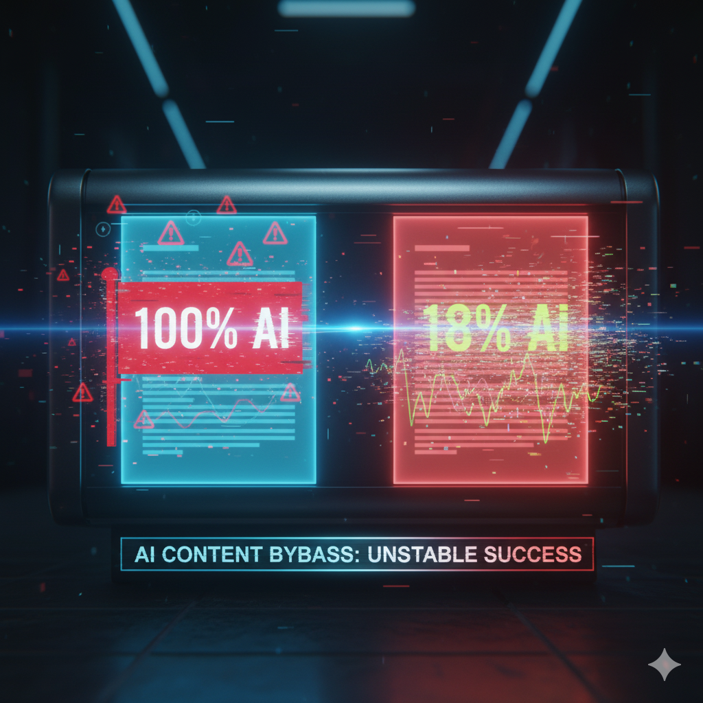 Document passing through a futuristic scanner Document passing through a futuristic scanner: left side flagged “100% AI,” right side altered into “18% AI,” glitch effects showing bypass success but unstable outcome