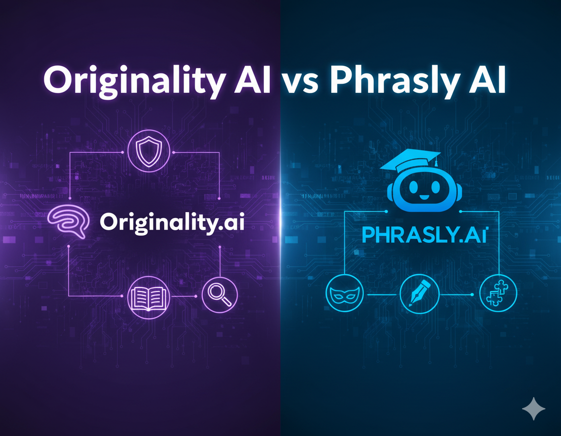 split-screen futuristic illustration showing two sides A split-screen futuristic illustration showing two sides: On the left, the glowing Originality AI logo with icons for detection, plagiarism, and integrity (shield, magnifying glass, book). On the right, the Phrasly AI logo with icons for paraphrasing, bypass, and stealth (pen, disguise mask, puzzle pieces). Background is digital neon, with “Originality AI vs Phrasly AI” as the headline text.