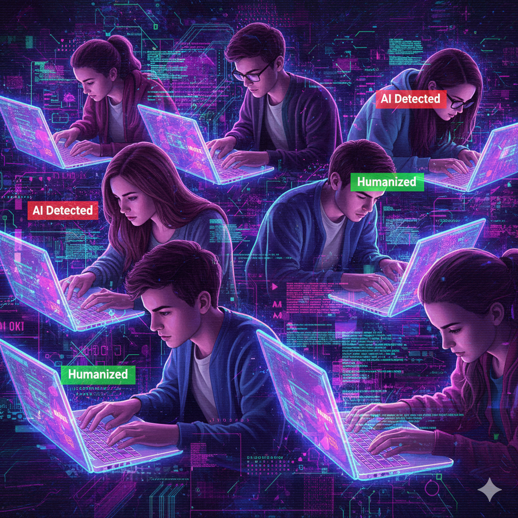 students on laptops, bloggers typing, AI text flowing across screens A chaotic digital collage: students on laptops, bloggers typing, AI text flowing across screens. Some text is flagged in red with “AI Detected” while other lines show “Humanized” in green. Futuristic neon glitch aesthetic.