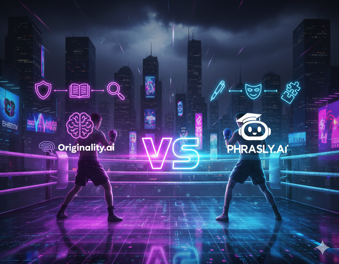 A glowing futuristic boxing ring A glowing futuristic boxing ring: Originality AI (logo + icons: detection, plagiarism, shield) on one side, Phrasly AI (logo + icons: paraphrasing, bypass, stealth mask) on the other. Middle glowing “VS.” Cyberpunk neon duel style.