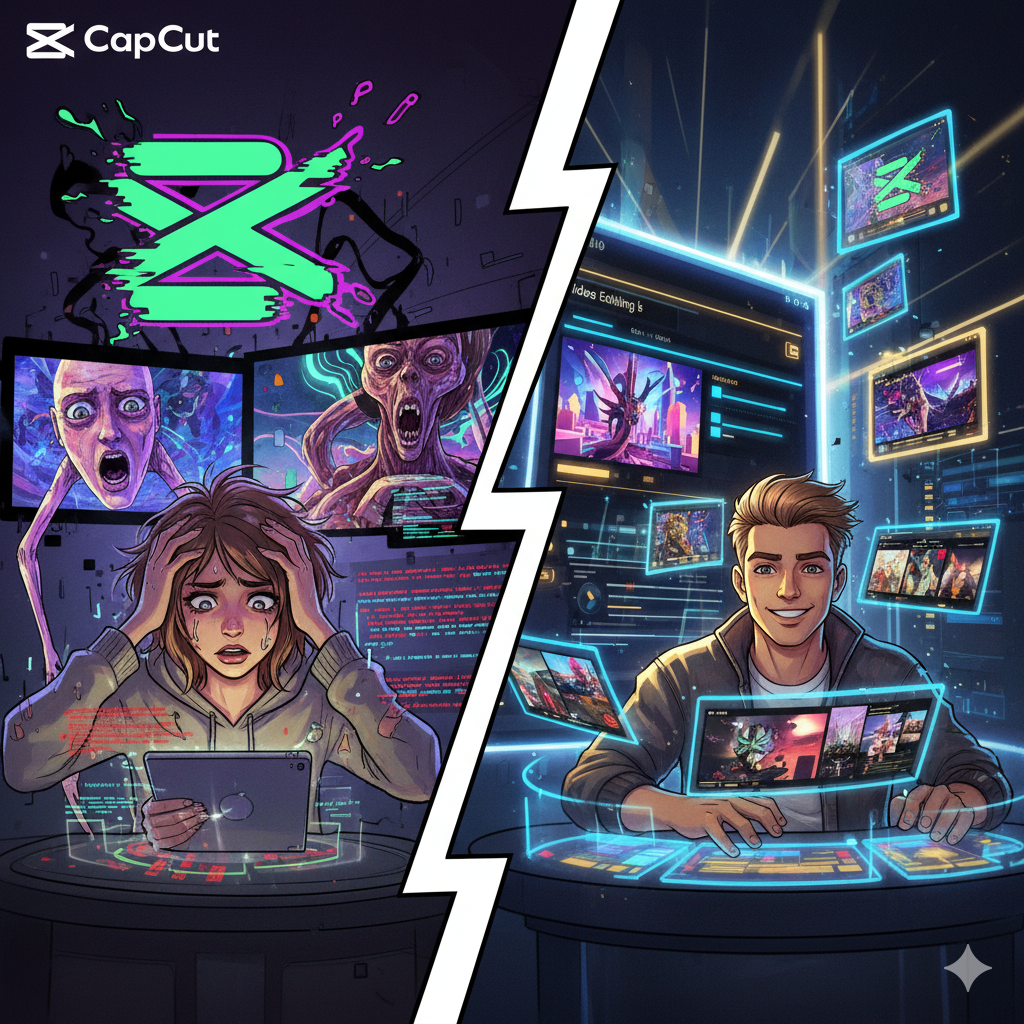 one side CapCut logo glitching, showing laggy alien-like AI edits A chaotic split-screen: one side CapCut logo glitching, showing laggy alien-like AI edits, other side glowing futuristic video editors. A frustrated creator vs a happy editor surrounded by polished video reels. Neon editorial illustration