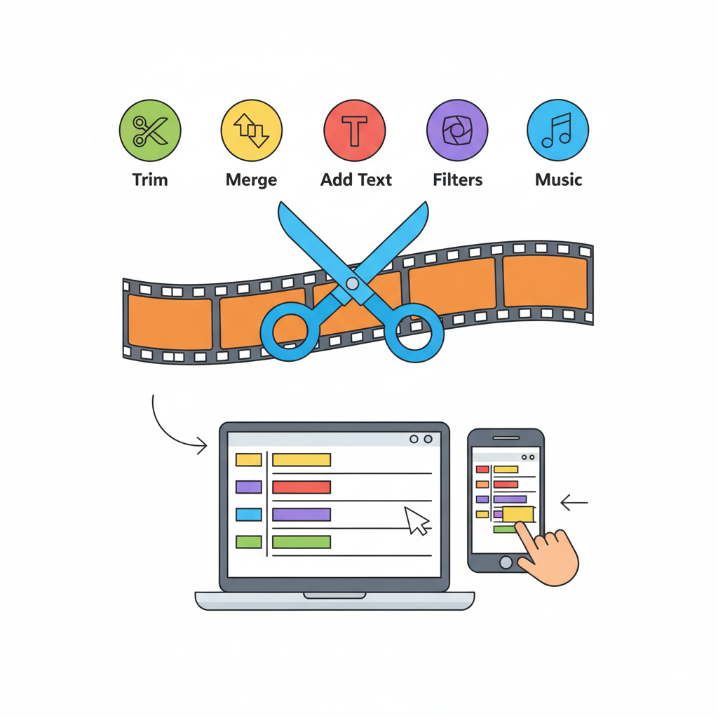 scissors cutting video strip, icons for trim, merge, add text, filters, and music A simple playful infographic: scissors cutting video strip, icons for trim, merge, add text, filters, and music. Laptop + phone showing drag-and-drop editing timeline. Fun colorful editorial flat style.