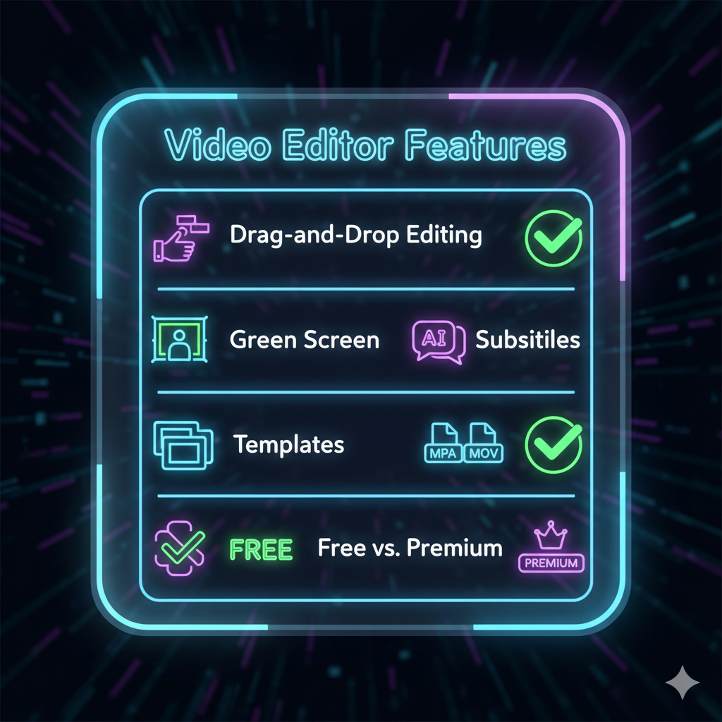 A glowing checklist board with icons A glowing checklist board with icons: drag-and-drop editing, green screen, AI subtitles, templates, export formats, free vs premium. Futuristic but friendly design