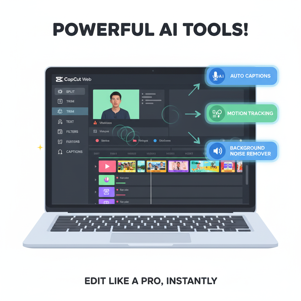 A MacBook or PC showing CapCut Web tools: split, trim, text, filters, captions. Highlight advanced features like auto captions, motion tracking, background noise remover. Friendly beginner-focused digital illustration