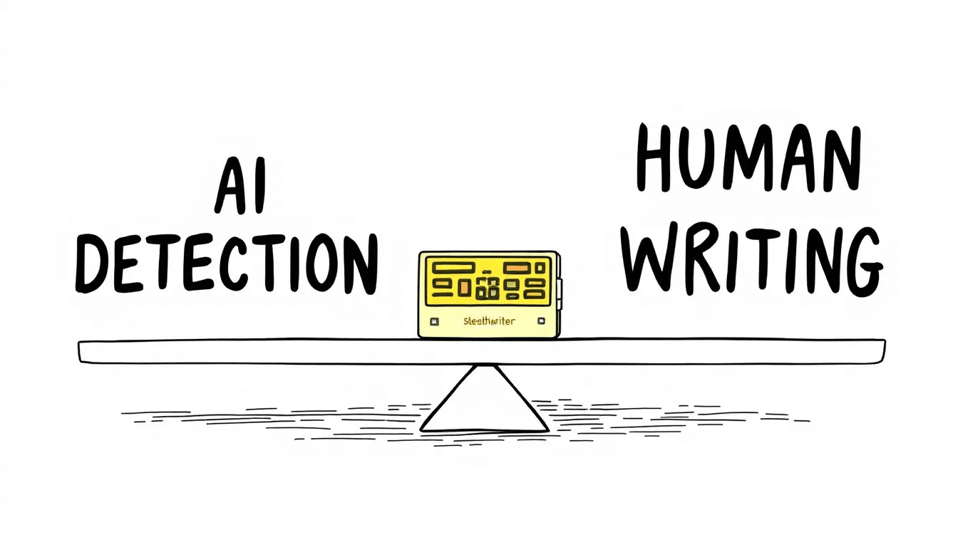 An illustration of a balance scale An illustration of a balance scale: one side labeled ‘AI Detection,’ the other side labeled ‘Human Writing,’ with Stealthwriter balancing them in the middle