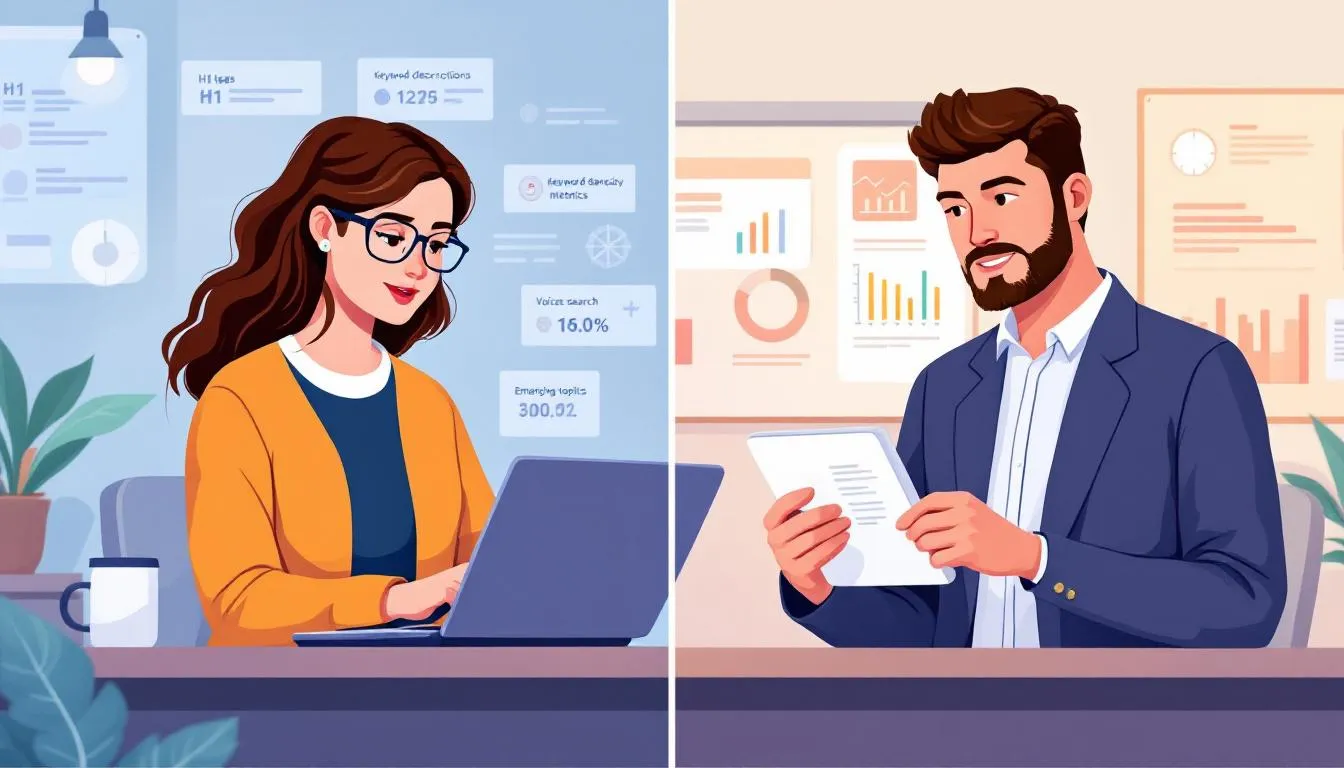 content optimization In this two-column illustration, the left side depicts a blogger focused on traditional SEO strategies, optimizing H1 tags, meta descriptions, and keyword density, while the right side shows a marketer preparing for predictive SEO by creating voice search content and analyzing emerging trends before they become popular. This visual contrasts the approaches of optimizing for current search engine algorithms versus forecasting future search trends using predictive analytics.