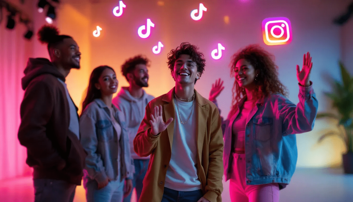 AI-generated avatars filming short A dynamic scene of AI-generated avatars filming short, casual influencer-style videos for social media, with TikTok and Instagram icons floating around.