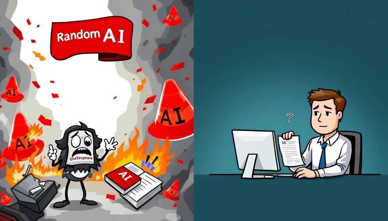 dashboard scanning text In this cartoon comparison, the left side depicts a frantic "Random AI Detector" surrounded by red sirens, mistakenly flagging Shakespeare's work as AI-generated content. In contrast, the right side shows TraceGPT, a calm AI content detector, analyzing text with a professional report displayed on the screen, emphasizing its reliability in distinguishing human-written text from AI-generated content.
