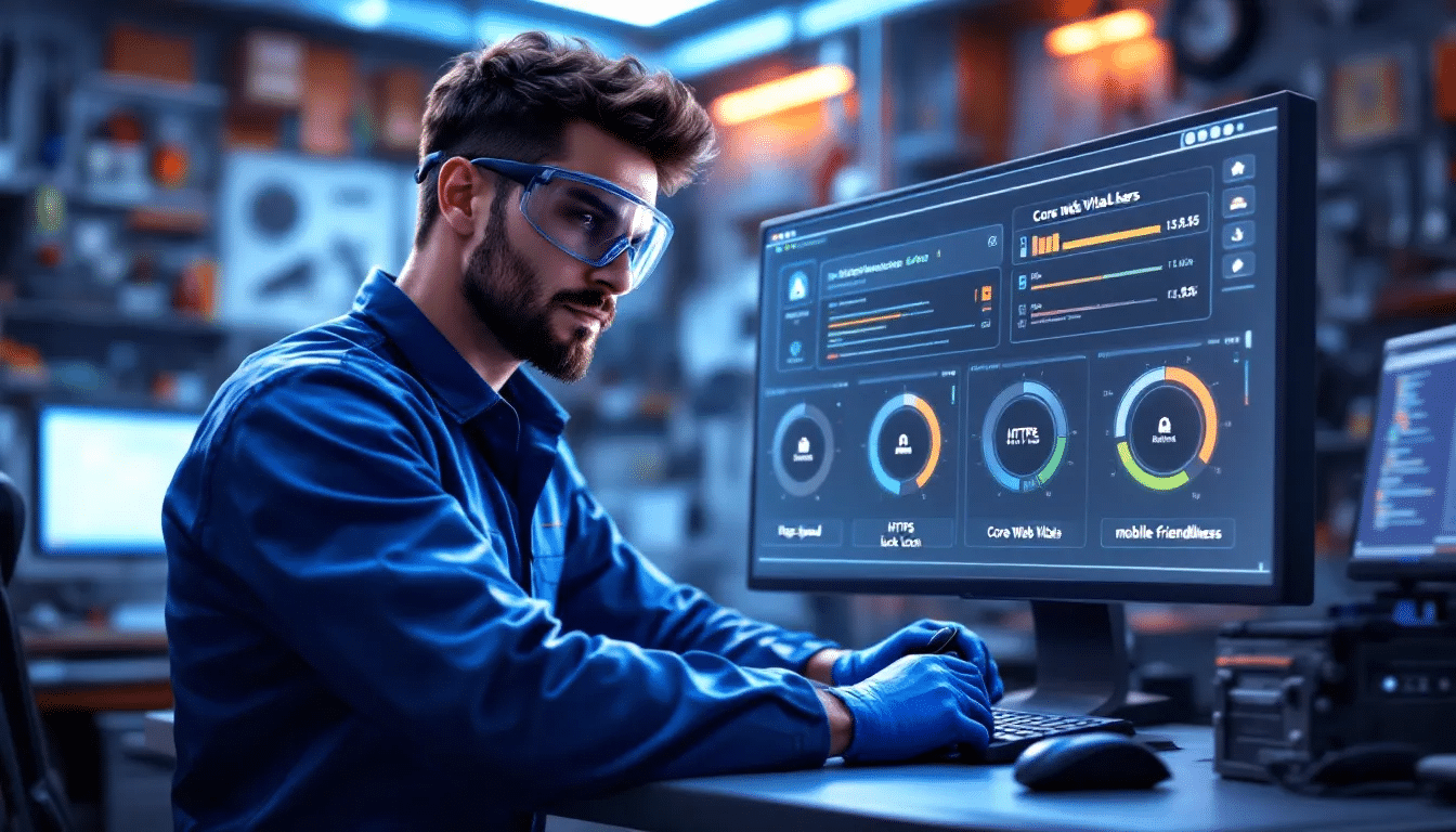 mechanic fixing a website “engine” dashboard A mechanic is depicted working on a website "engine" dashboard, adjusting dials that represent key metrics such as Page Speed, HTTPS lock icon, Core Web Vitals, and mobile-friendliness, essential for improving search engine rankings and optimizing online visibility. The scene symbolizes the technical SEO strategies needed to enhance a website's performance in search engine results pages.