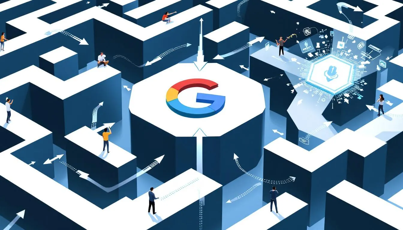 search engine algorithms In this dynamic image, a shifting maze surrounds the Google logo at the center, with arrows indicating various directions as SEO professionals scramble to adapt. The scene illustrates the concept of predictive SEO, highlighting how AI models analyze user behavior and search trends to forecast future search queries and optimize content effectively.