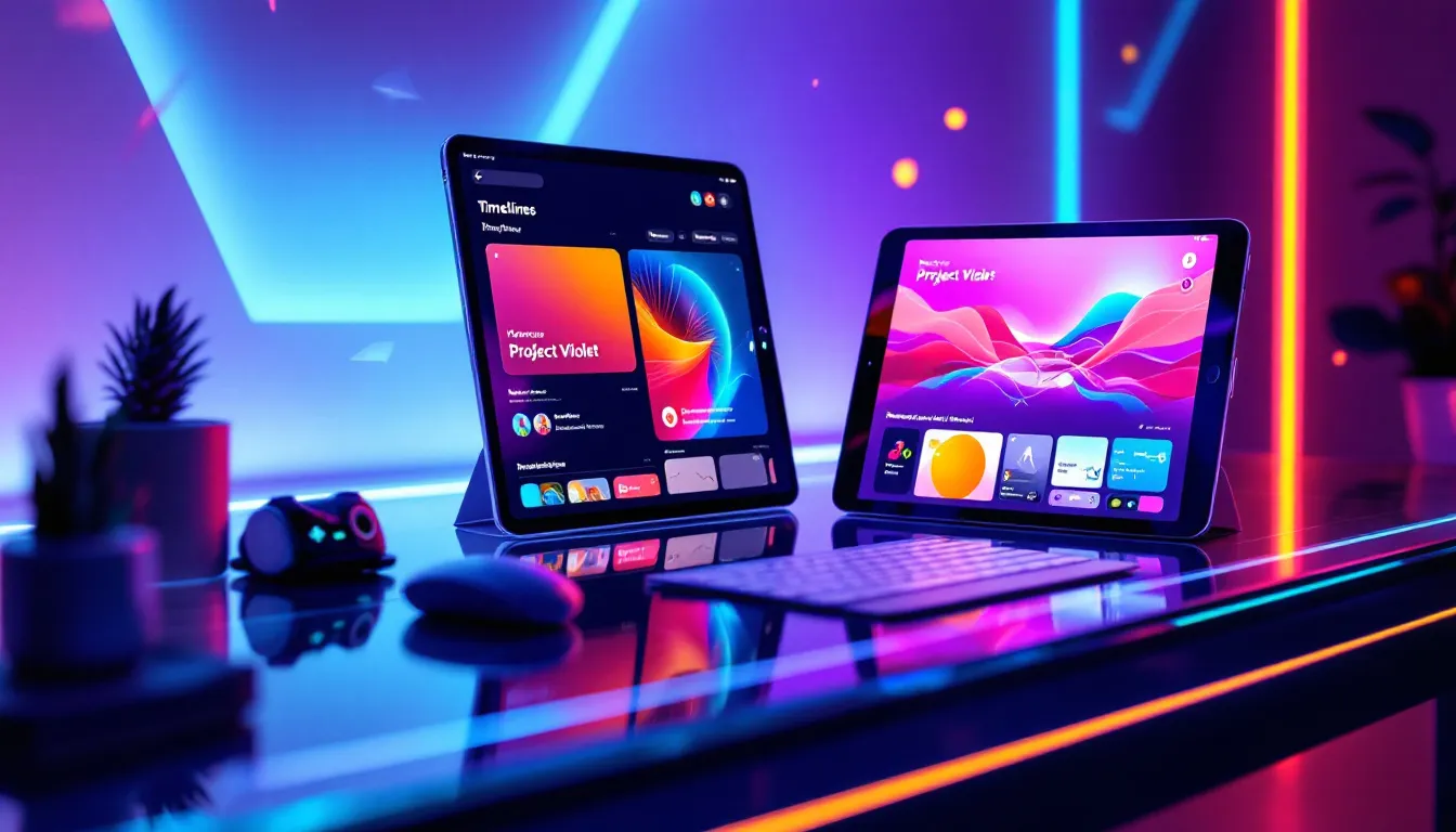 A glowing futuristic workspace with an iPhone and iPad on a neon desk, both running Project Violet with colorful timelines, captions, and effects. Editorial, sleek design with Adobe-inspired aesthetics