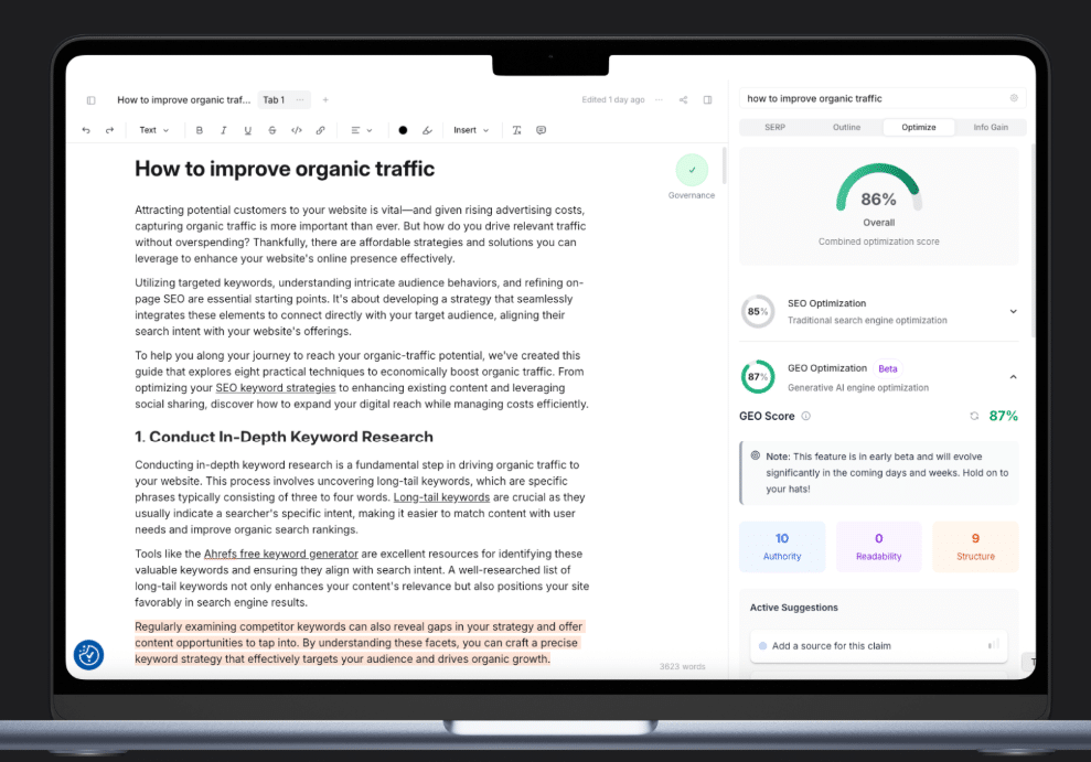 Frase gives you the AI writing and optimization tools to create content that drives traffic—from Google, ChatGPT, and anywhere your audience is looking for answers