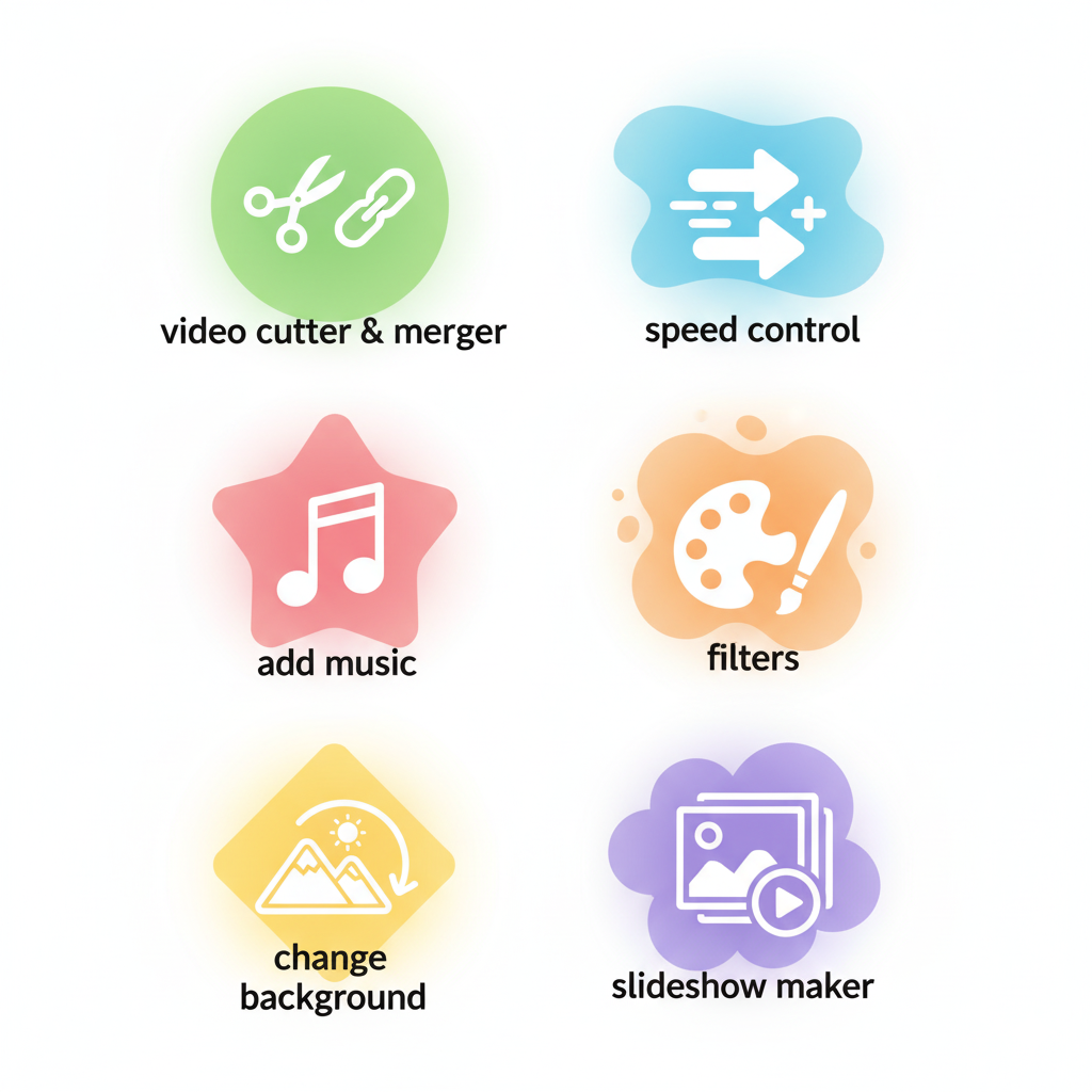 Infographic-style board with icons: video cutter & merger ✂, speed control ⏩, add music 🎵, filters 🎨, change background 🌄, slideshow maker 🖼. Editorial design with playful highlights.