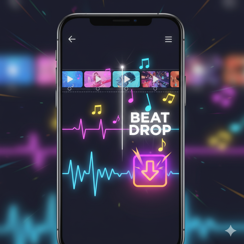 A phone screen showing a clip timeline synced with music beats. Music notes glowing, a “beat drop” marker on the track. Fun TikTok-style digital illustration, vibrant colors.