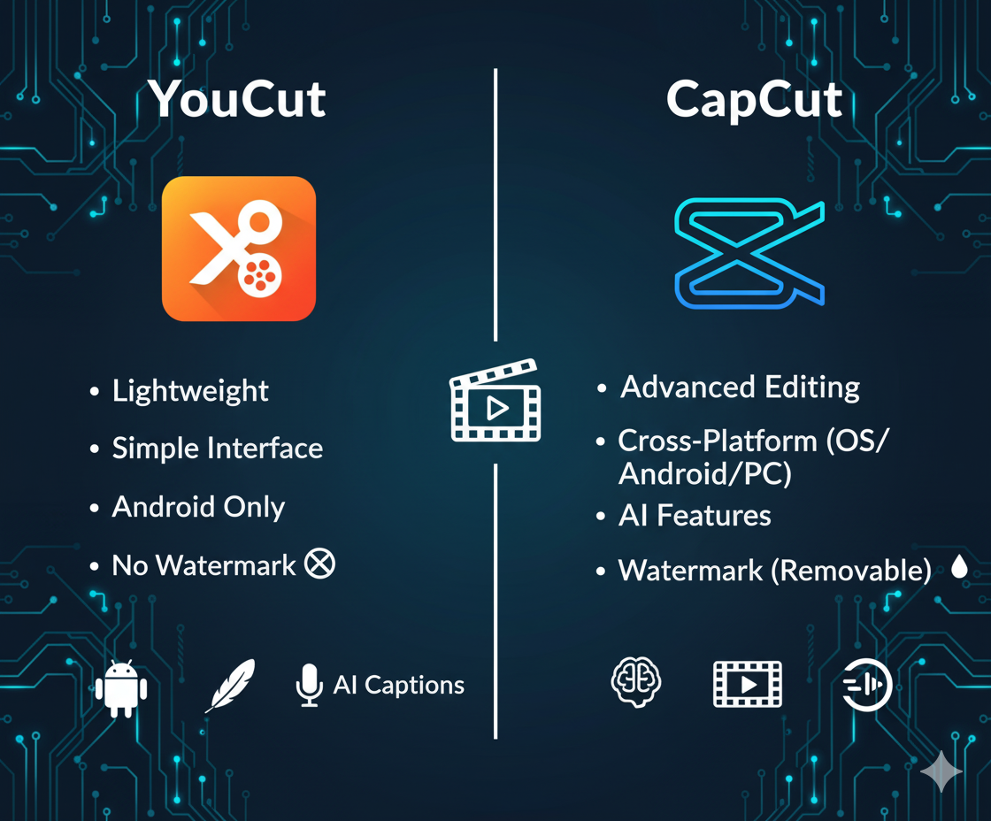 Infographic-style comparison board. Left side: YouCut (lightweight, simple, Android). Right side: CapCut (advanced, cross-platform, AI features). Icons for watermark, slow motion, AI captions, timeline. Balanced, editorial infographic look.