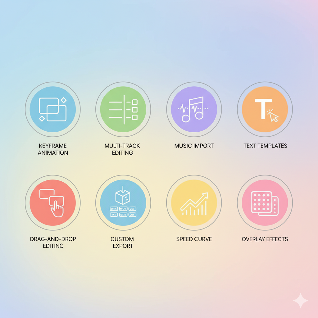 Infographic with icons representing: keyframe animation, multi-track editing, music import, text templates, drag-and-drop editing, custom export, speed curve, and overlay effects. Bright and minimal editorial design.