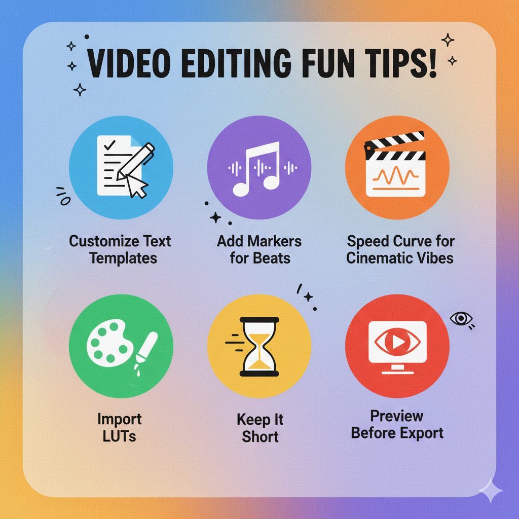 A fun creative infographic with icons: ✍ Customize Text Templates, 🎵 Add Markers for Beats, 🎬 Speed Curve for Cinematic Vibes, 🎨 Import LUTs, ⏳ Keep It Short, 👀 Preview Before Export. Vibrant editorial design.
