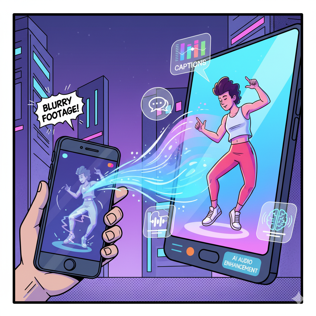 A comic-style illustration of a phone camera shooting shaky video, then magically transforming into a polished, vibrant clip on screen. Icons for multi-track, captions, and AI audio enhancement floating around. Playful, futuristic vibe.