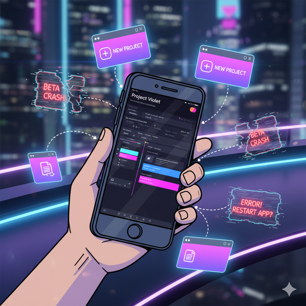 Hand holding an iPhone with the Project Violet interface open, surrounded by floating playful UI windows. Some show “New Project,” others show glitchy error popups (beta crash). Fun, slightly chaotic style.