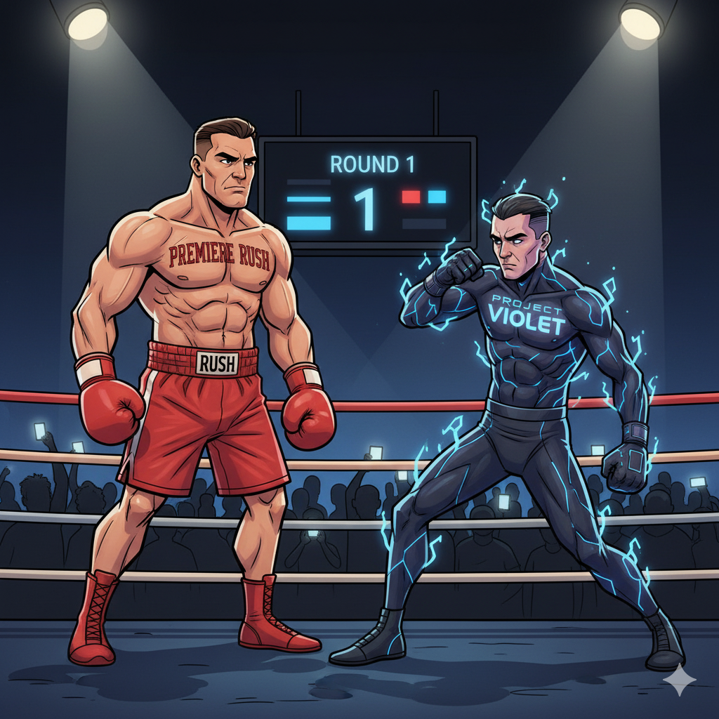 A boxing ring scene: Premiere Rush as a polished professional fighter, Project Violet as an agile newcomer glowing with AI energy. Balanced, editorial cartoon style