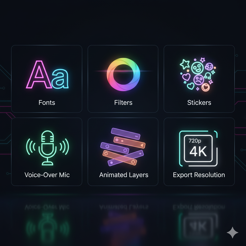 Grid of glowing creative tools: fonts, filters, stickers, voice-over mic, rotating animated layers, export resolution settings (720p/1080p/4K). Vibrant editorial style.