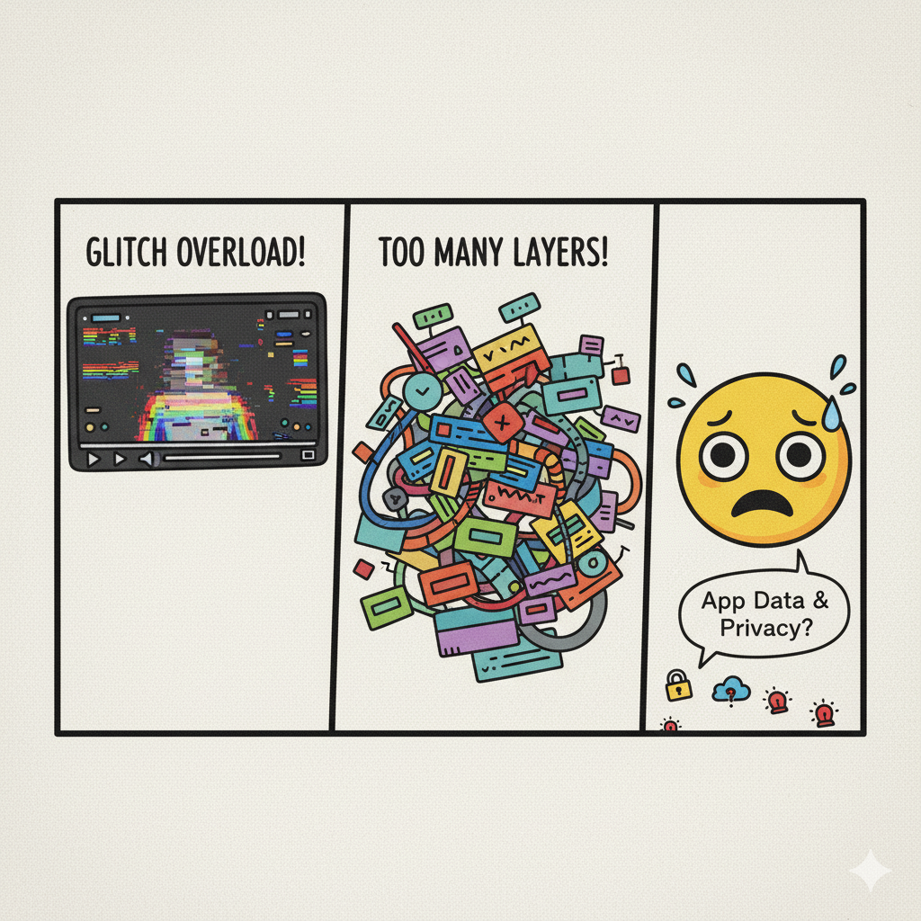 Playful comic panel: glitch effect overused on a video, a cluttered messy timeline with too many layers, and a worried face emoji about app data/privacy. Fun, editorial doodle style.