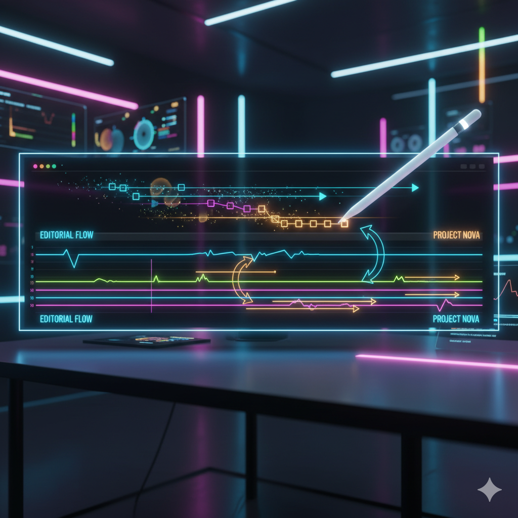 Dynamic timeline glowing with speed ramp effects, motion arrows, layered animation paths, Apple Pencil adjusting keyframes, neon editorial scene.