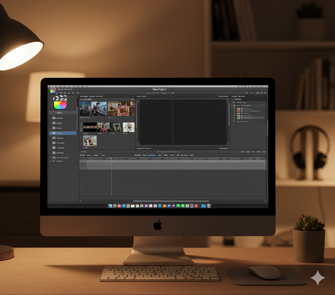 Final Cut Pro “New Project” window on Mac screen Final Cut Pro “New Project” window on Mac screen, timeline empty and ready, organized folders and clips on the side, cozy workspace lighting, minimal clutter aesthetic.