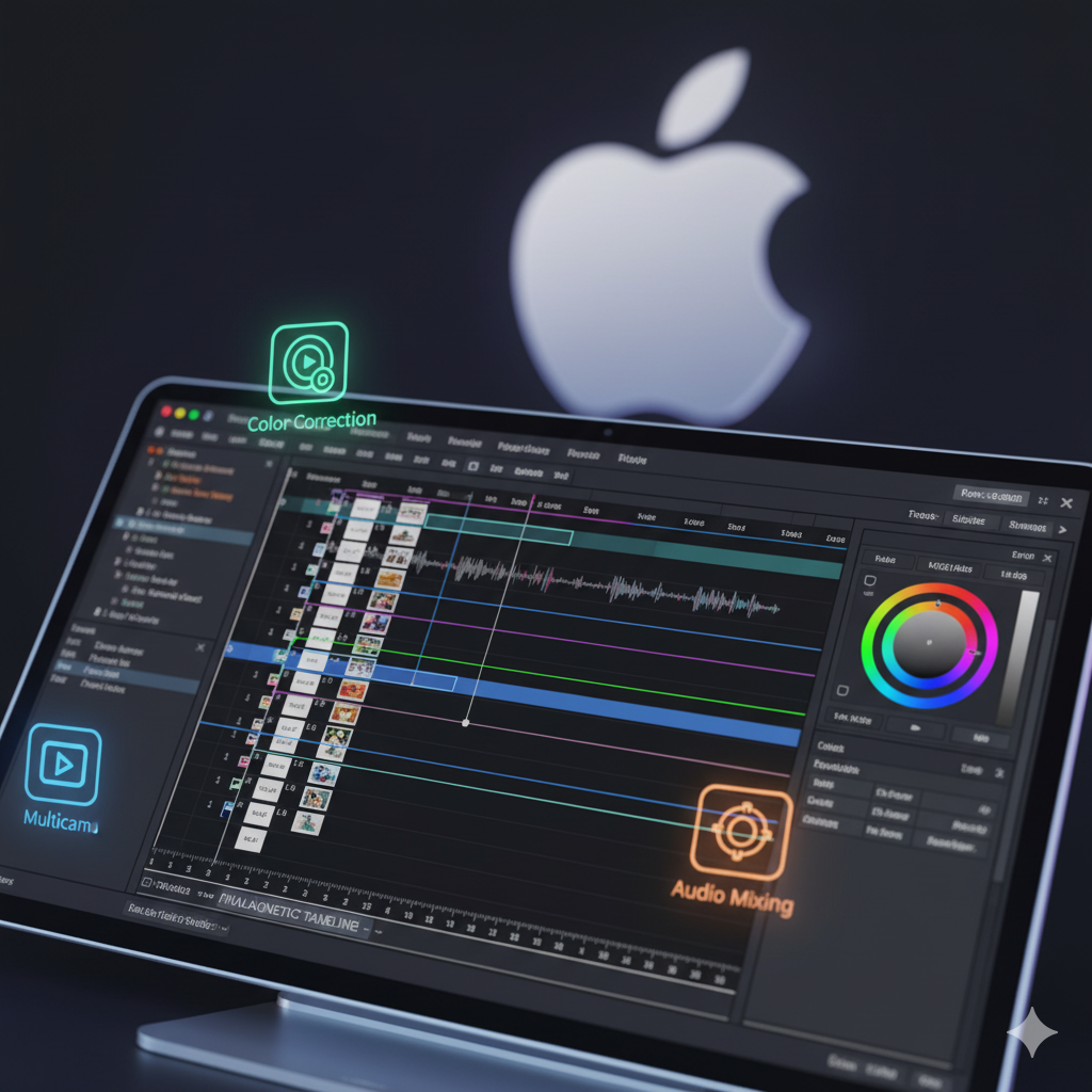 Close-up of Final Cut Pro interface showing magnetic timeline and multiple video layers Close-up of Final Cut Pro interface showing magnetic timeline and multiple video layers, icons of color correction, multicam, and audio mixing floating around, glowing Apple logo background, tech-review editorial style.