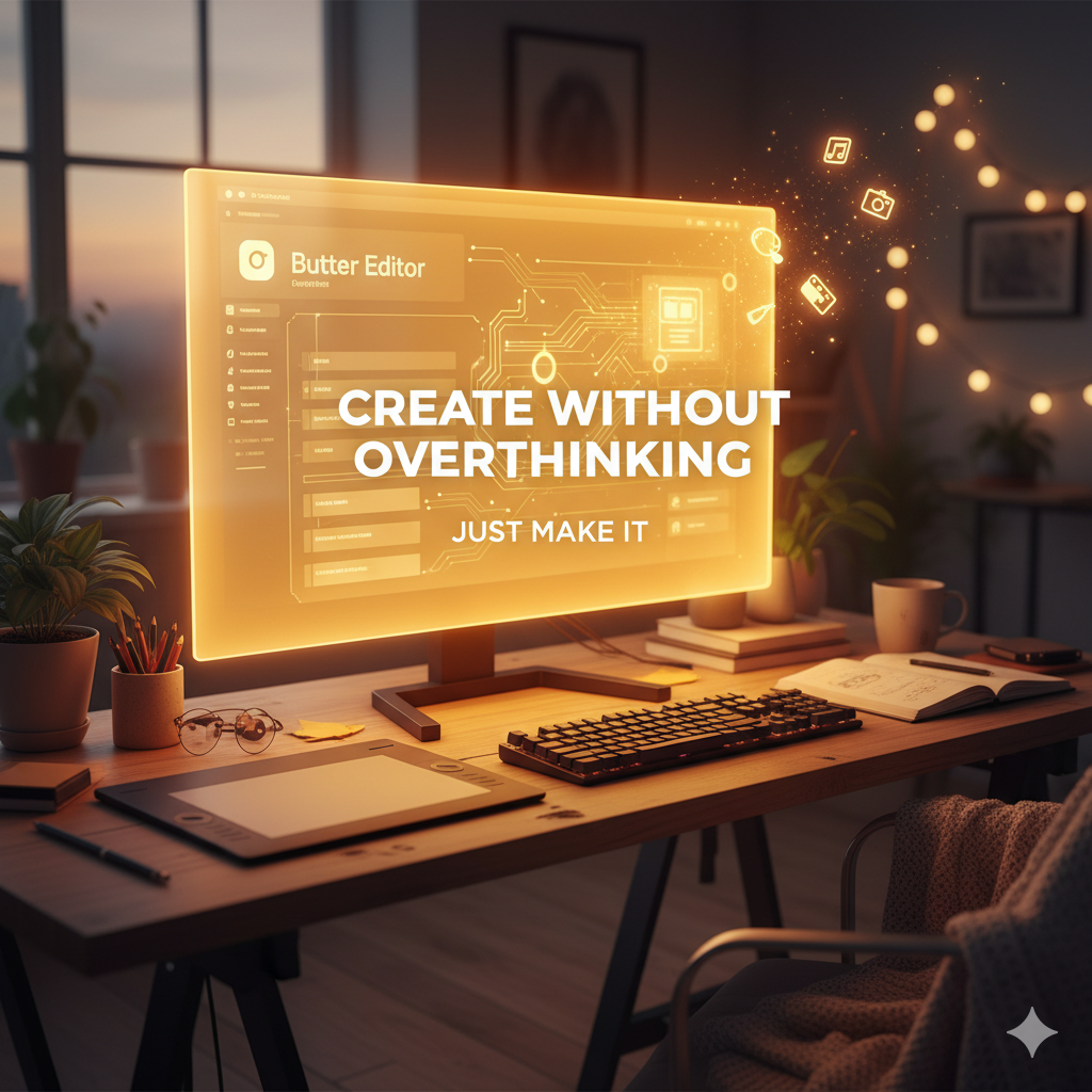 Inspiring creative workspace glowing with Butter Editor interface Inspiring creative workspace glowing with Butter Editor interface fading softly into light, motion graphics icons floating upward, text reading “Just Make It” or “Create Without Overthinking,” cozy and motivational atmosphere, editorial tech finish.