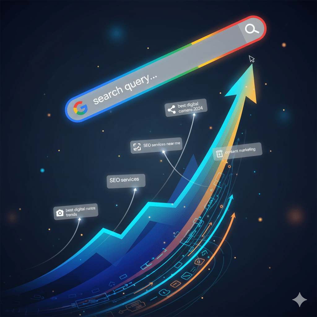 animated-style image of a rising SEO graph with keywords and search results An animated-style image of a rising SEO graph with keywords and search results climbing toward the top of a glowing Google search bar — digital marketing vibe with dynamic motion and gradients.
