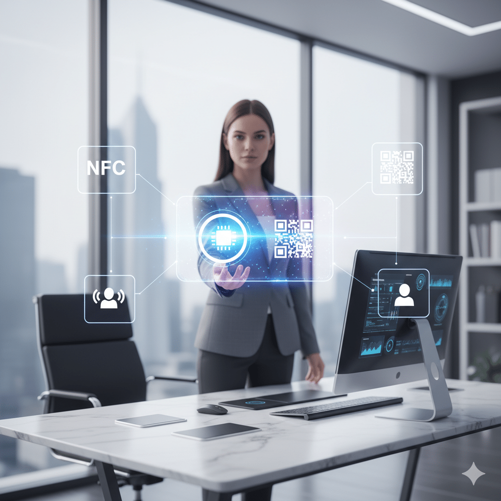 A sleek modern workspace with a business owner confidently holding up a glowing digital card (holographic style), surrounded by icons of NFC, QR codes, and contact icons; futuristic yet approachable design, bright tech vibes