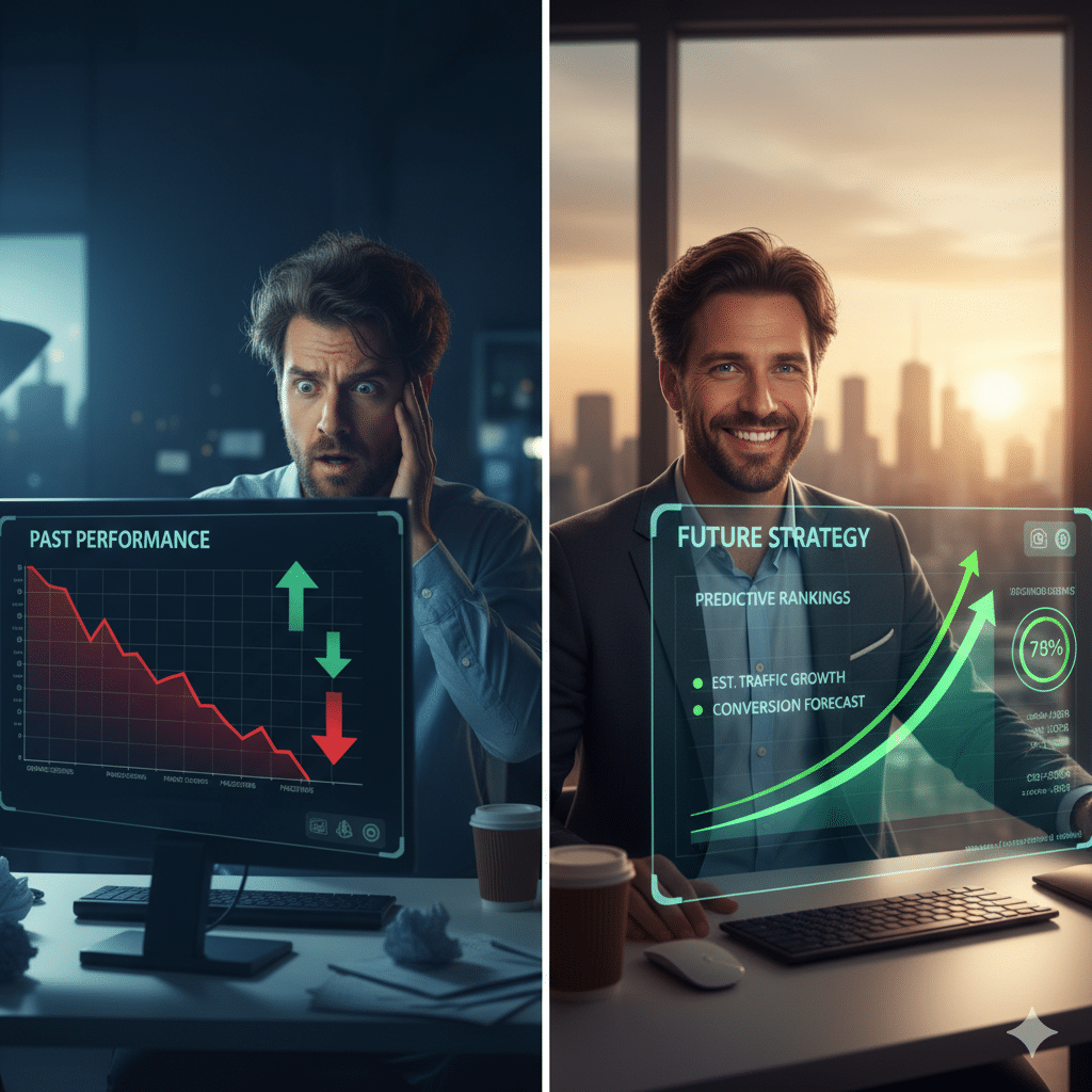 A stressed SEO professional looking at a dropping traffic graph on one side, and on the other side, the same person confidently reviewing a predictive SEO dashboard forecasting upward trends; split-screen contrasting past vs. future planning.
