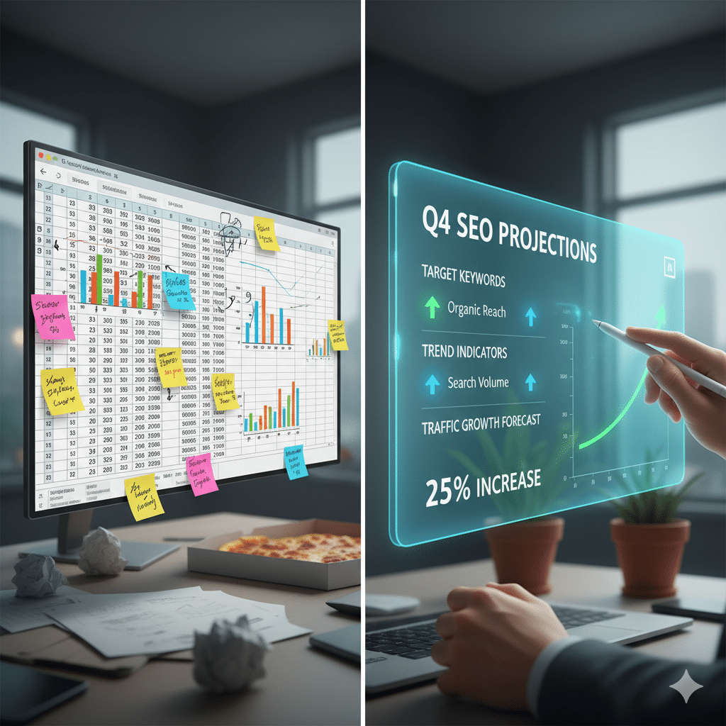 A messy spreadsheet overflowing with numbers, graphs, and sticky notes versus a clean SEO forecasting chart with keywords, trend arrows, and projections; realistic but slightly humorous digital illustration.