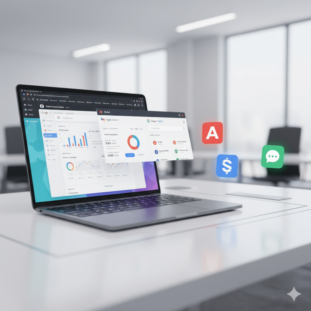 open laptop showing Google Search Console, Google Analytics 4, and Google Trends dashboards; next to it, icons for Ahrefs, Semrush, and ChatGPT floating above like a toolkit; modern infographic look.
