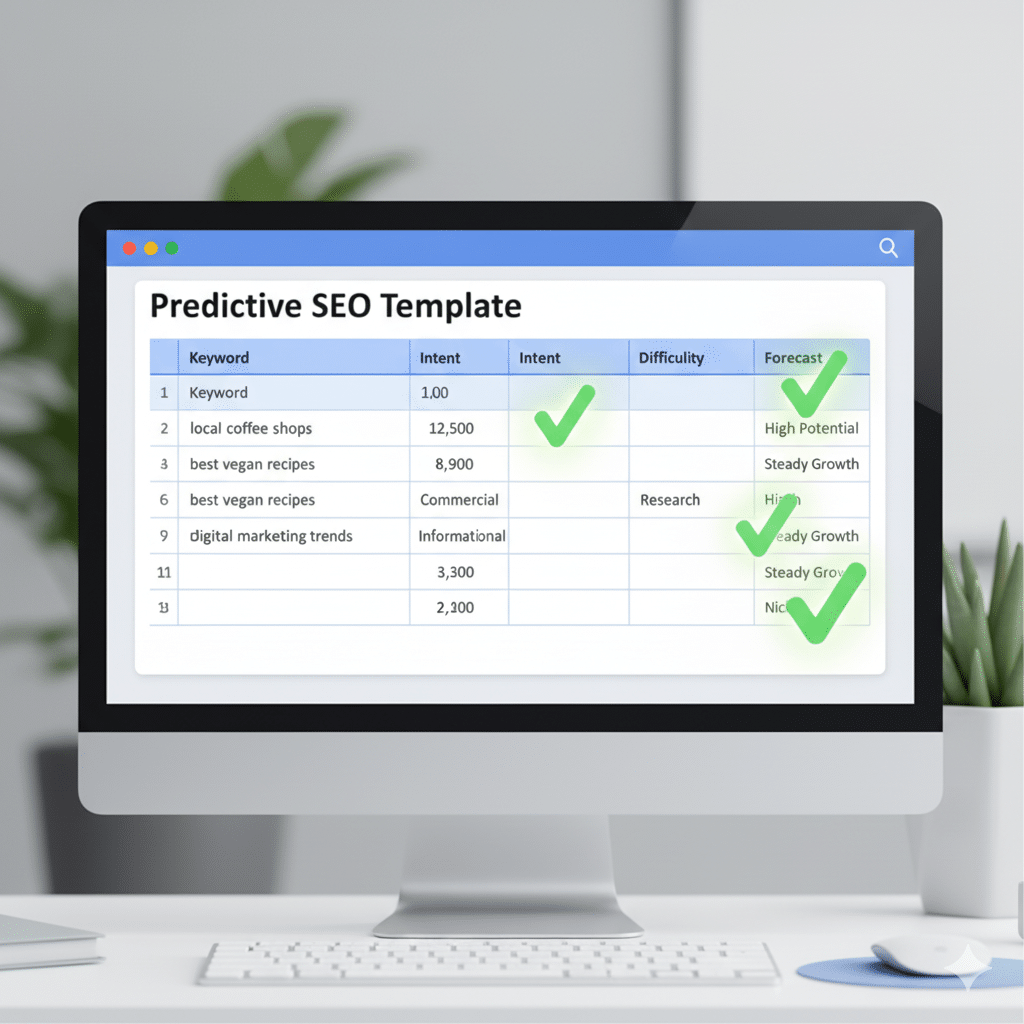 Illustration of a Google Sheets template on screen labeled “Predictive SEO Template”; columns for Keyword, Search Volume, Intent, Difficulty, Forecast; glowing checkmarks show simplicity and usability.